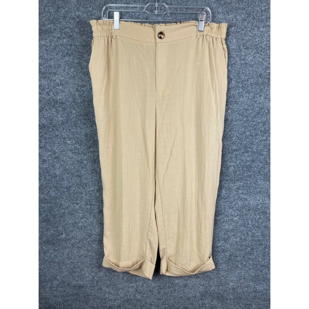 Halara Cropped Pants‎ Women 14 Tan Beige Excellent Paperbag Waist Cuffed Hem